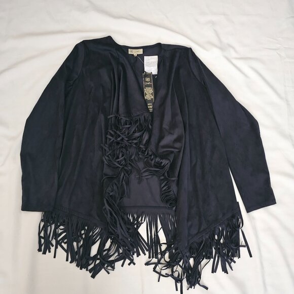 DG2 By Diane Gilman Women's Black Fringed Trim Open Front Cardigan Size XL NWT - Picture 3 of 13